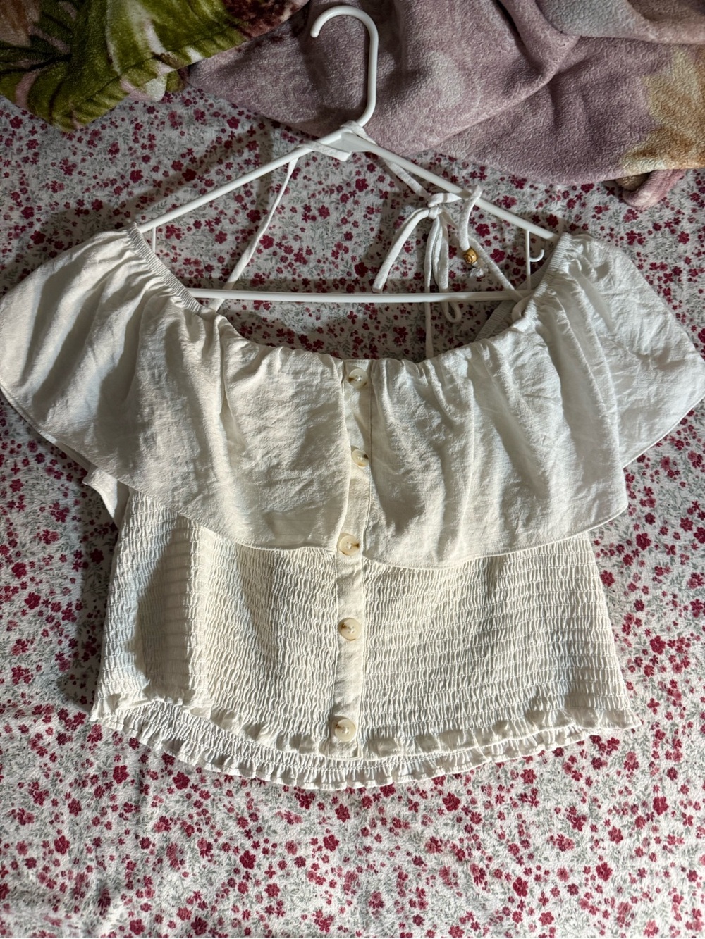 wild fable Cream Off-Shoulder Button Smocked Crop Top